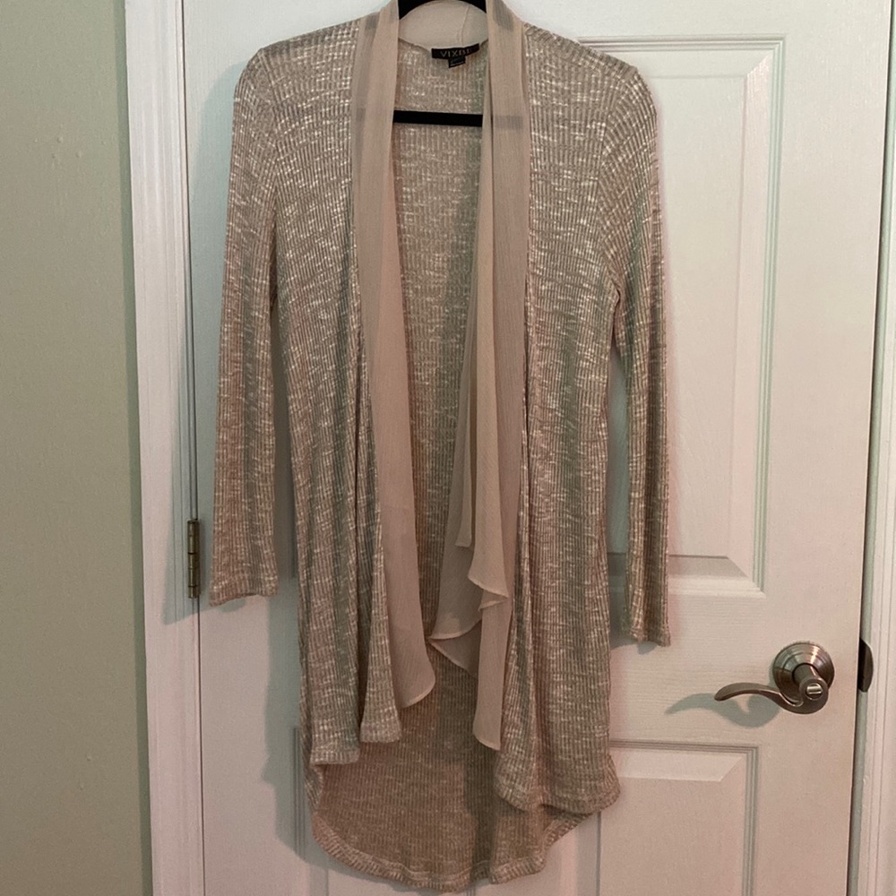 Elegant Beige/White Sweater with Ruffle Trim